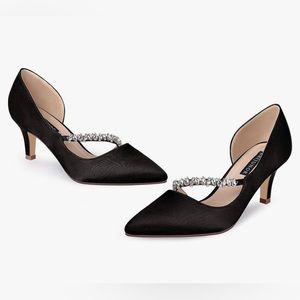 Black Satin D’orsay Heels with Rhinestone Strap Size 10